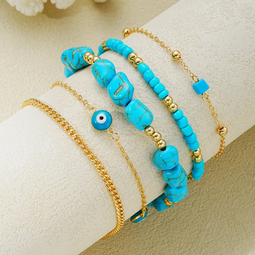 5-Piece Boho Turquoise Anklet Set