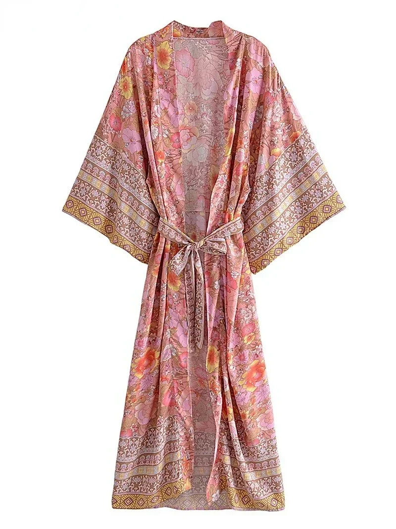 Boho Floral Kimono Maxi Dress – 100% Rayon