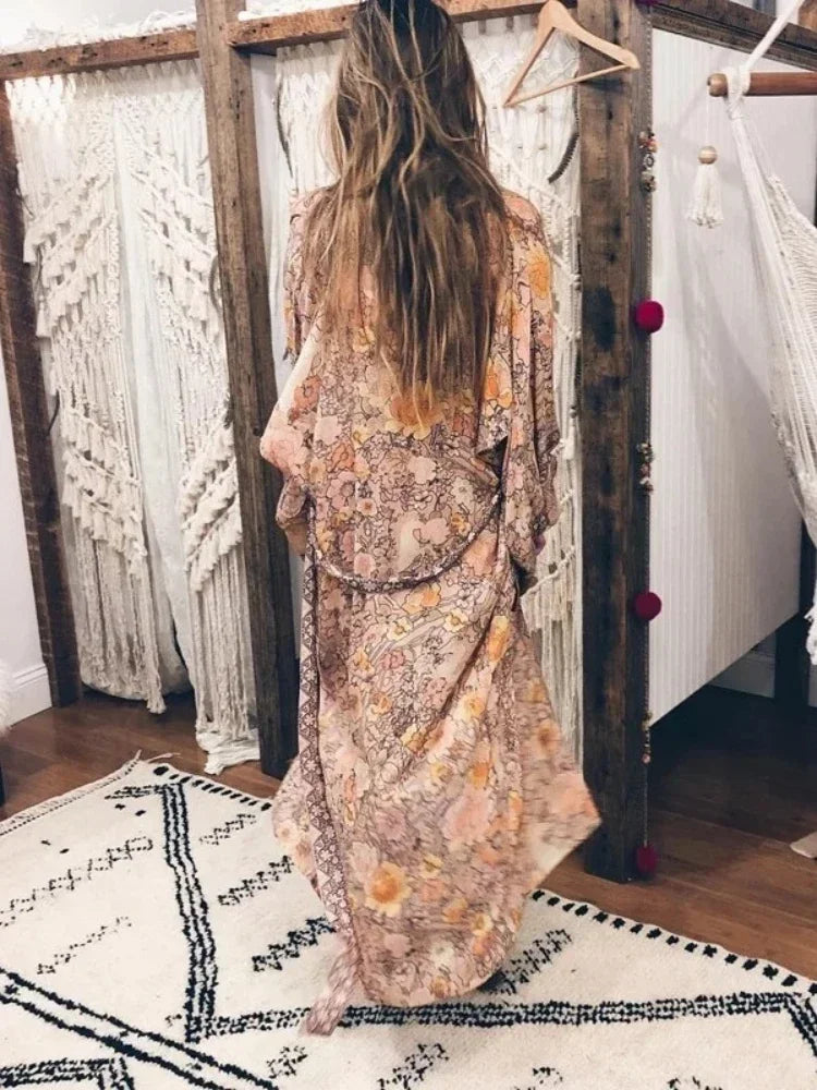 Boho Floral Kimono Maxi Dress – 100% Rayon