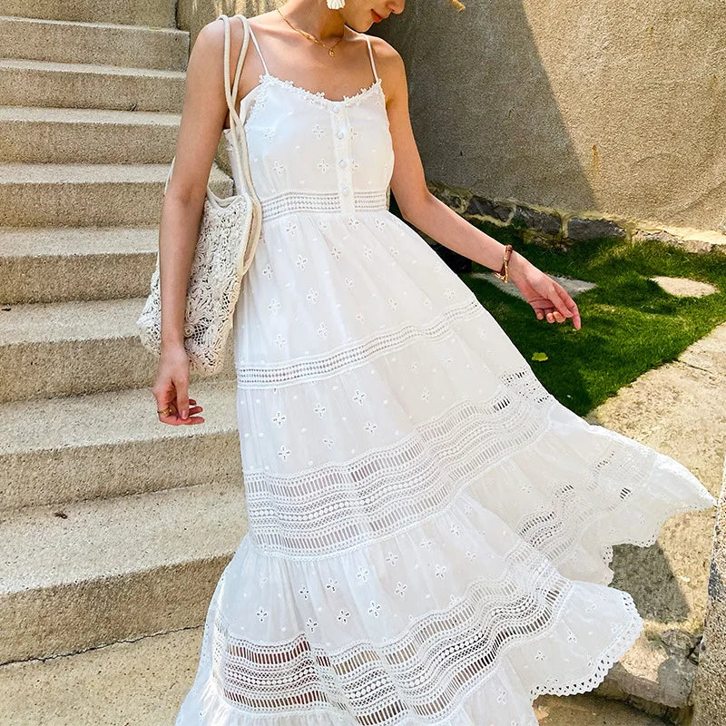 Boho White Lace Cotton Maxi Dress – Spaghetti Strap Summer Flow