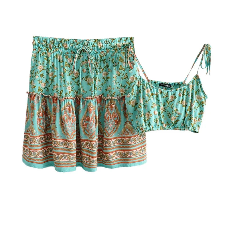 Island Breeze Floral Boho Two-Piece Set - Crop Top & Skirt