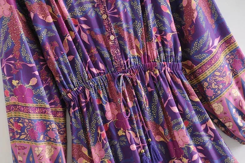Jewel Tone Paisley: Boho Long-Sleeve Ruffle Mini Dress