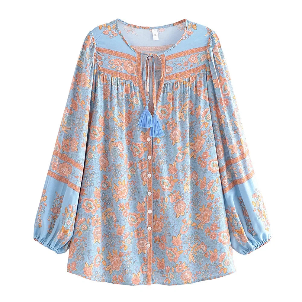 🌸 Boho Floral Tassel Blouse