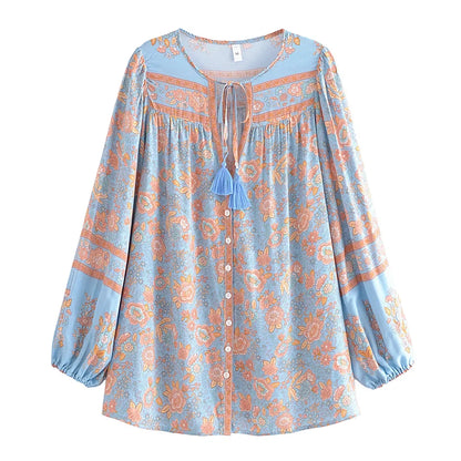 🌸 Boho Floral Tassel Blouse