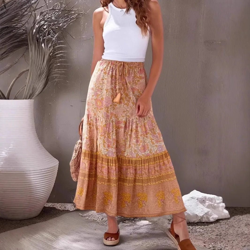 Desert Rose: Boho Floral Tassel Maxi Skirt