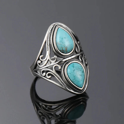 🌀 Boho Double Turquoise Ring – 925 Sterling Silver (Sizes 5–12)