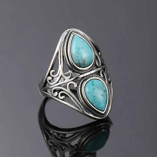 🌀 Boho Double Turquoise Ring – 925 Sterling Silver (Sizes 5–12)