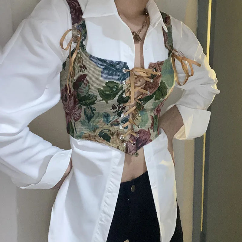Floral Tapestry Lace-Up Corset Top – Boho Vintage Bustier