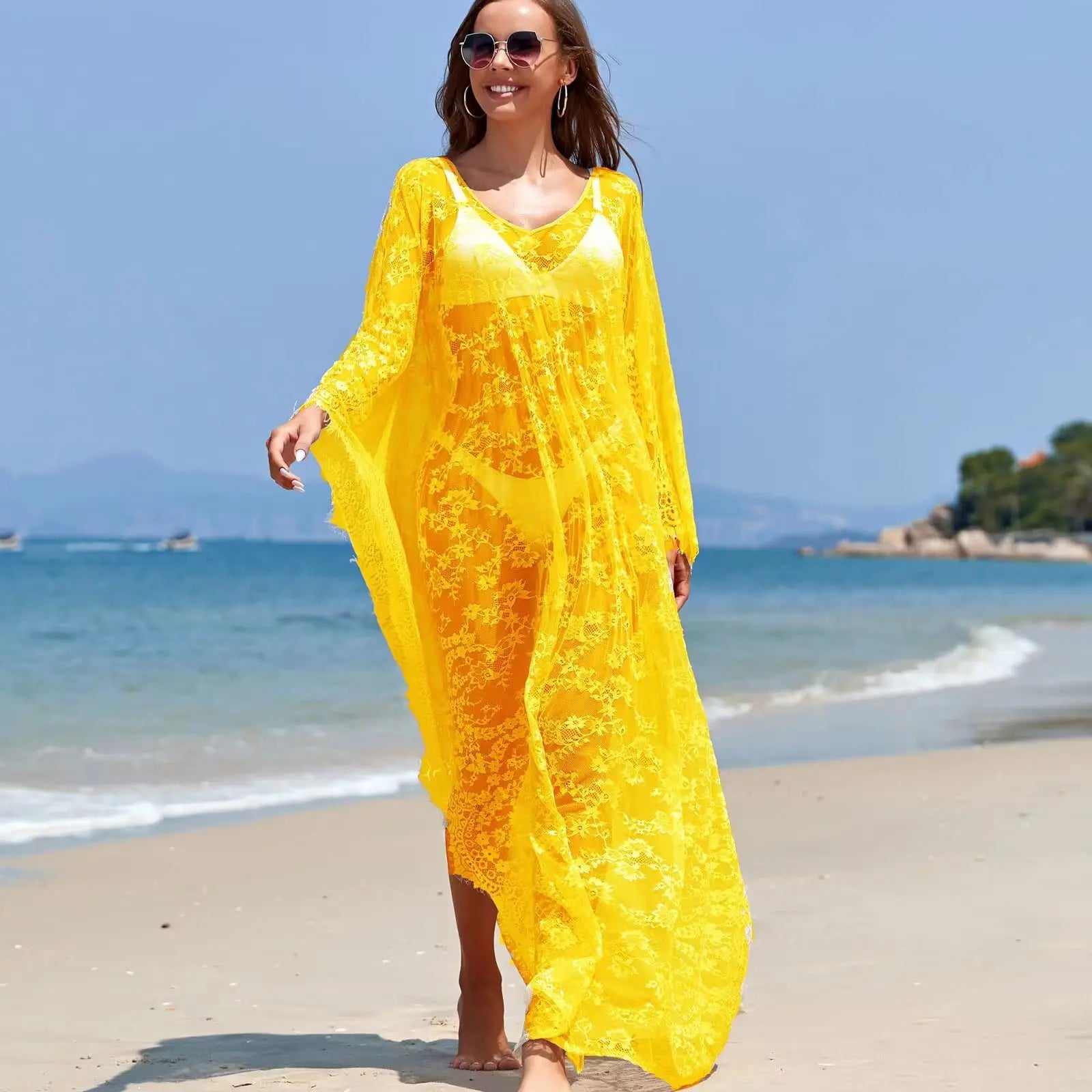 ✨ Sheer Lace Dream Kaftan – Boho Beach Cover-Up