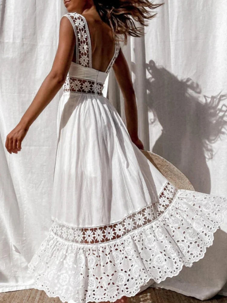 Boho White Lace Panel Midi Dress – Sleeveless Cotton Blend