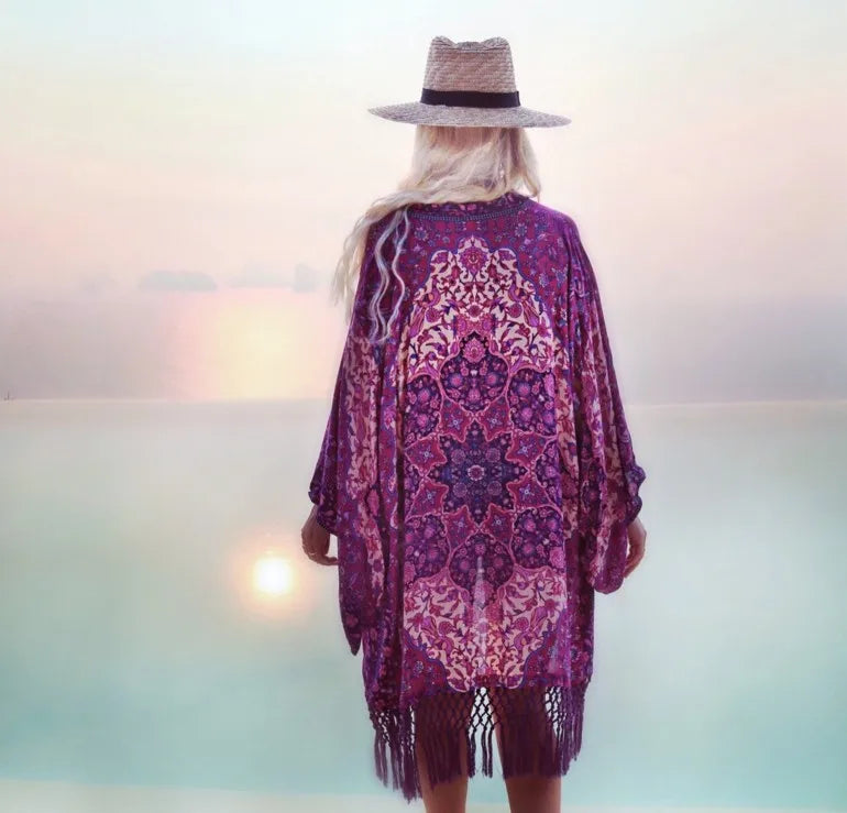 Boho Beach Kimono Cover-Up – Floral Chiffon Maxi with Fringe