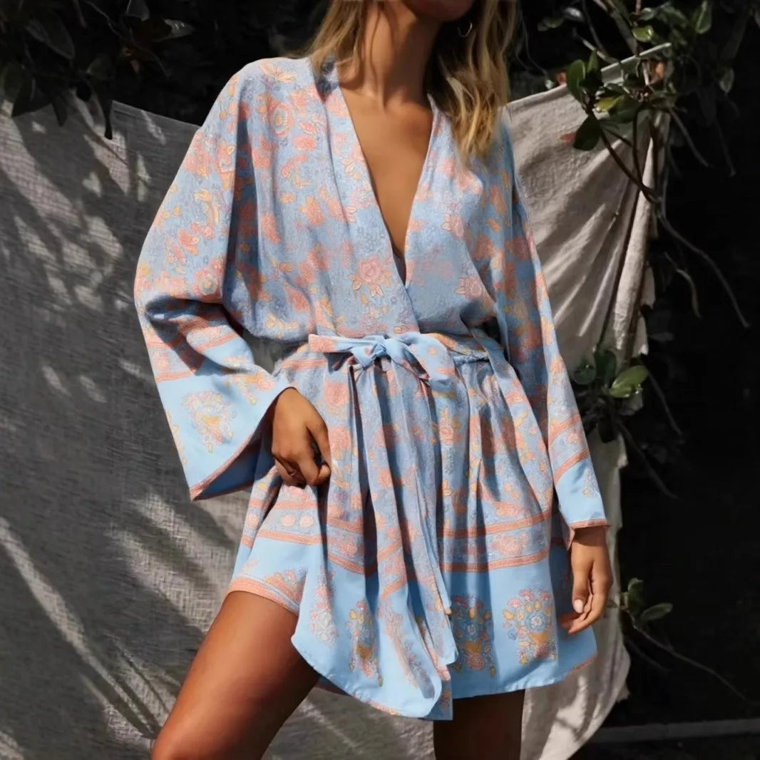 Boho Floral Print Kimono – Short Robe Cover-Up with Sash & Batwing Sleeves