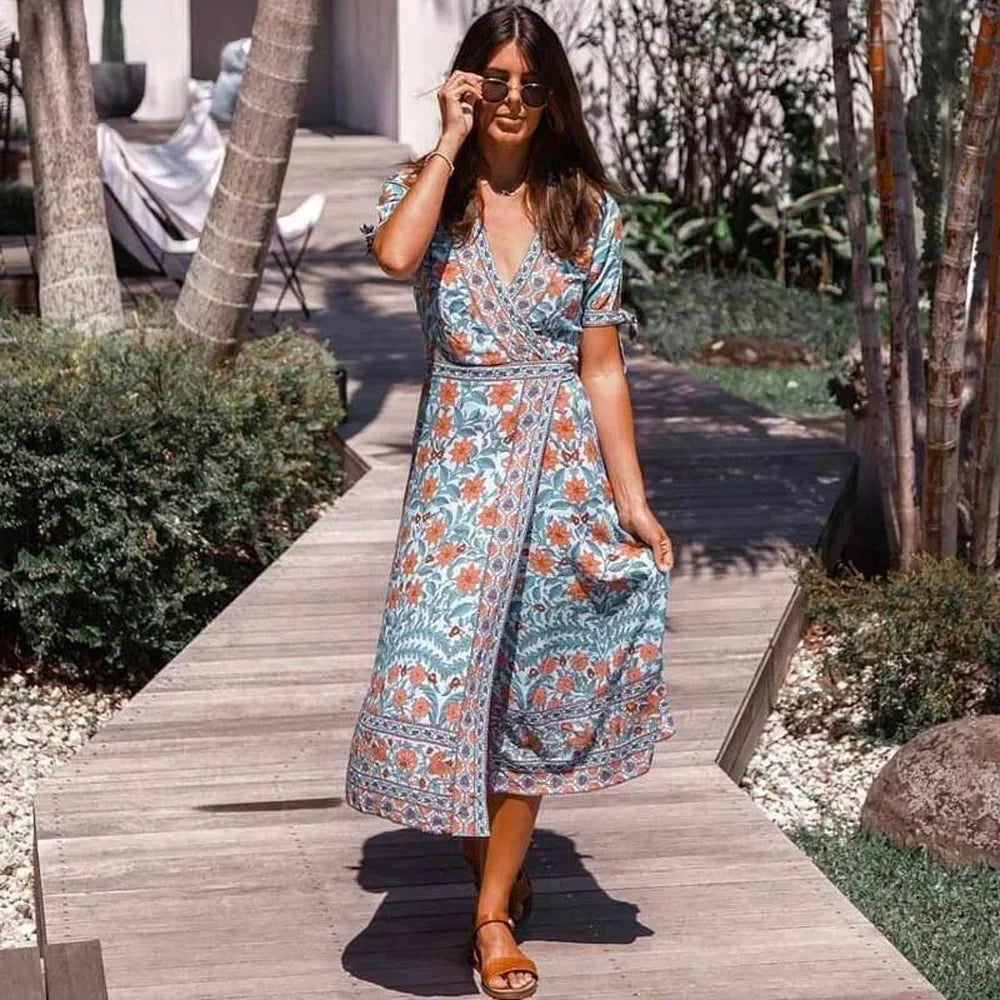 Boho Print V-Neck Maxi Dress – Blue