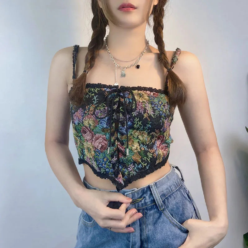 Boho Floral Lace-Up Corset Crop Top – Adjustable Fit
