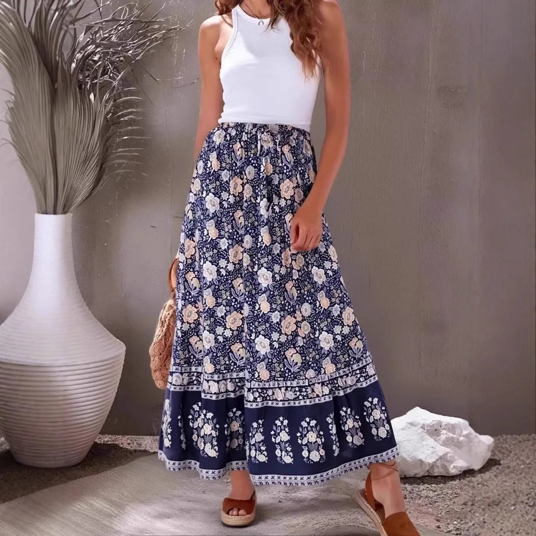 Midnight Bloom: Boho Floral Tassel Maxi Skirt