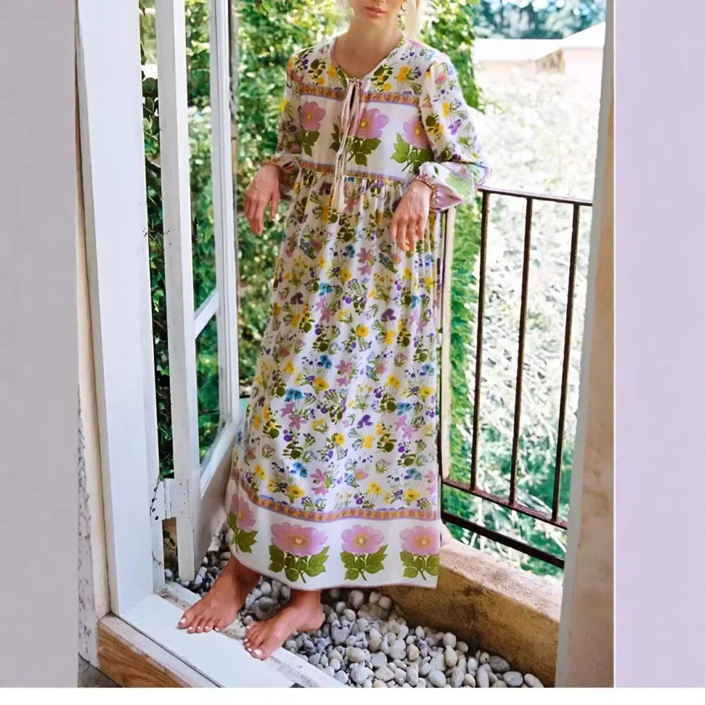 Boho Floral Ruffle Maxi Dress – Lantern Sleeve Cotton-Rayon Blend
