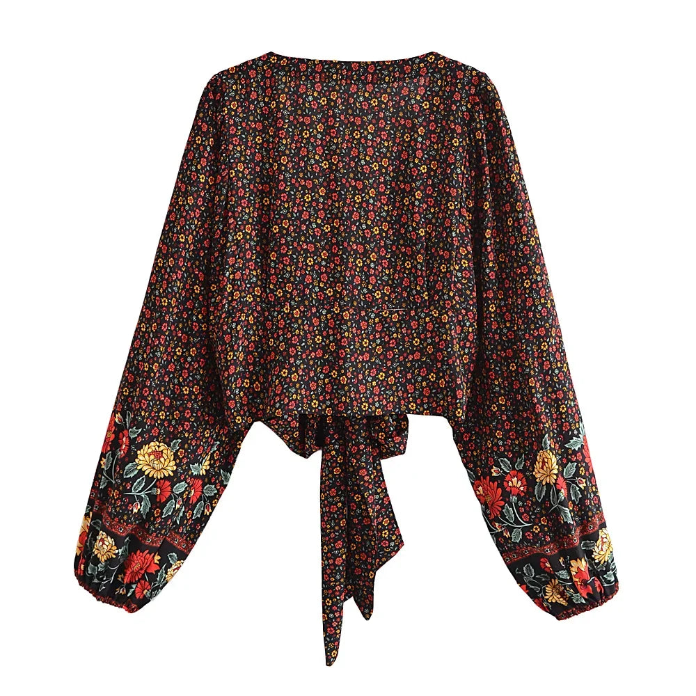 Boho Noir Garden Tie-Front Blouse