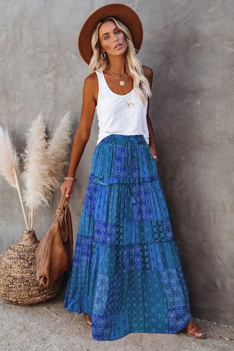 Kaleidoscope Dream: Boho Patchwork Print Maxi Skirt