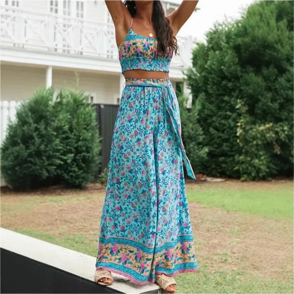 Azure Bloom: Boho Floral Two-Piece Set