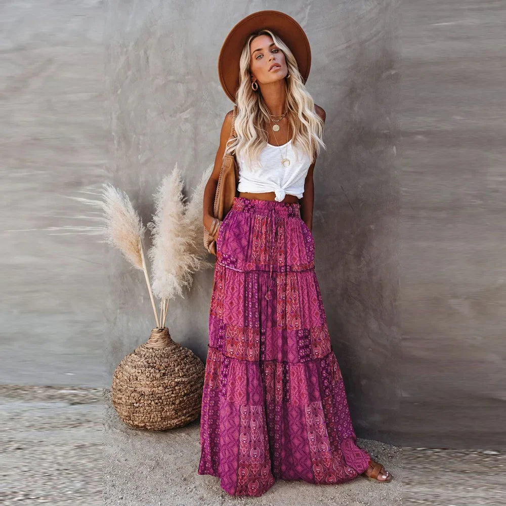 Kaleidoscope Dream: Boho Patchwork Print Maxi Skirt