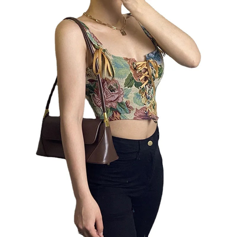 Floral Tapestry Lace-Up Corset Top – Boho Vintage Bustier