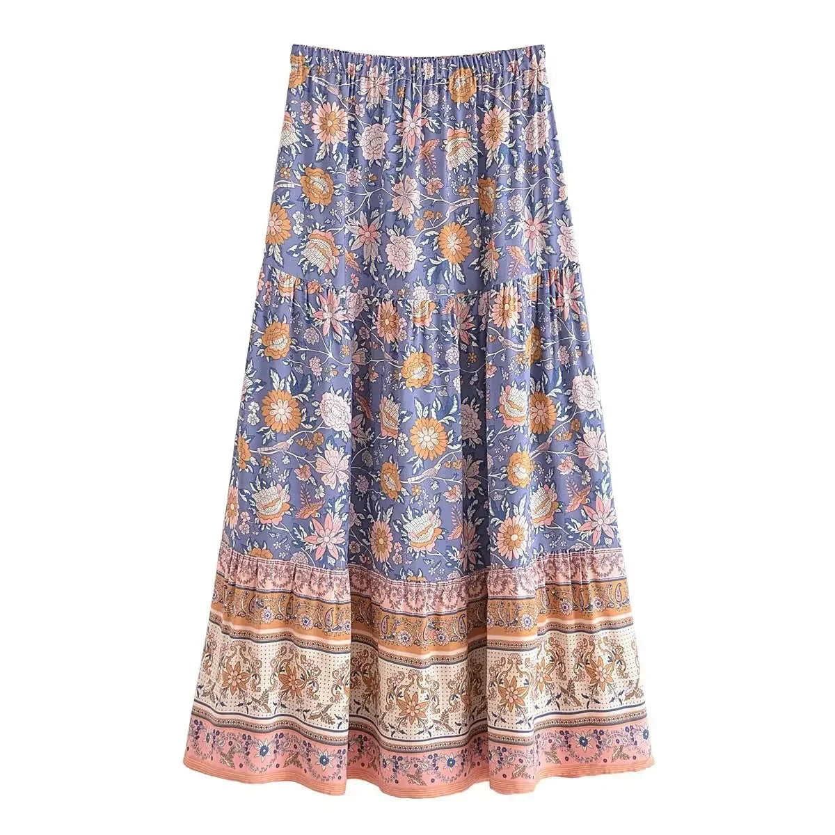Boho Floral Print Maxi Skirt – 100% Rayon