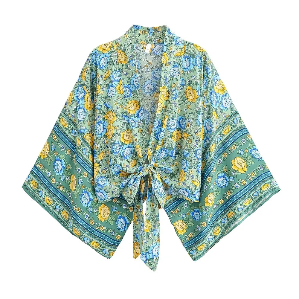 Boho Tie-Front Floral Kimono – Lightweight Rayon Beach Cover-Up
