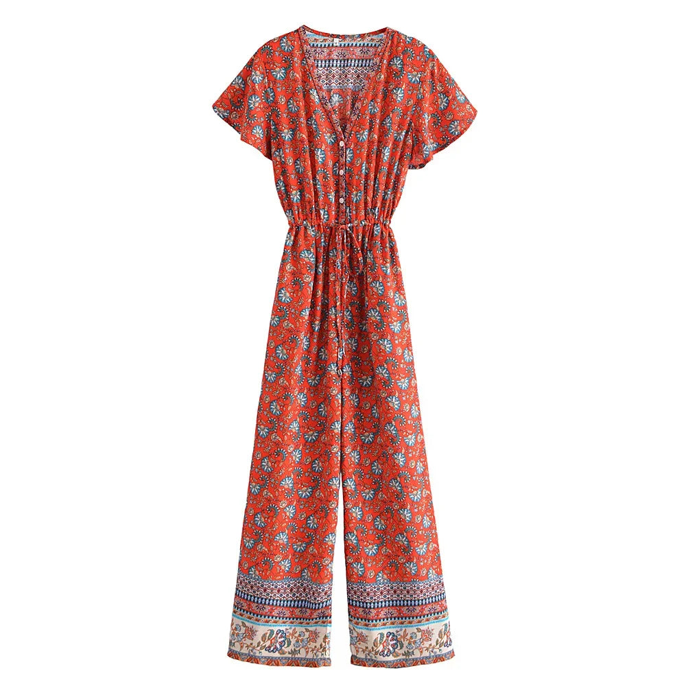 Boho Red Floral Maxi Dress – Cotton & Rayon Blend