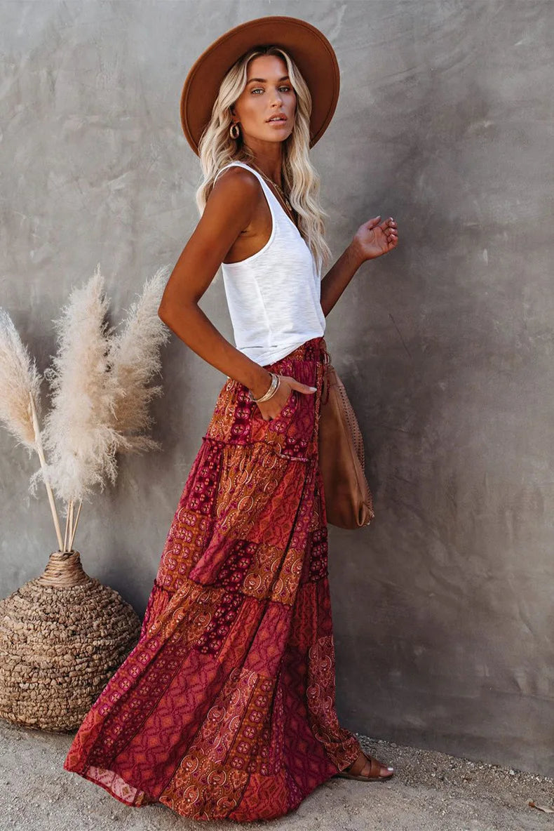 Kaleidoscope Dream: Boho Patchwork Print Maxi Skirt