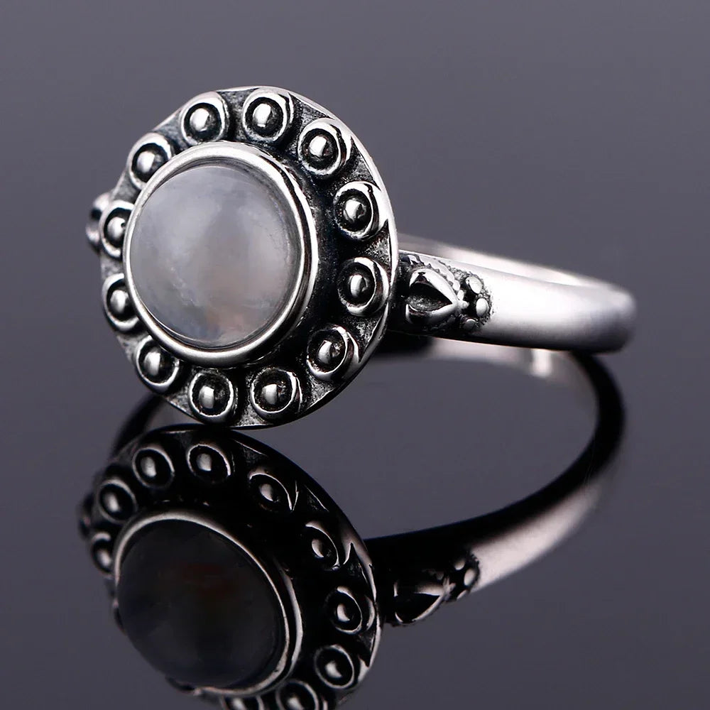 🌕 Vintage Round Moonstone Ring – 925 Sterling Silver (Sizes 5–12)
