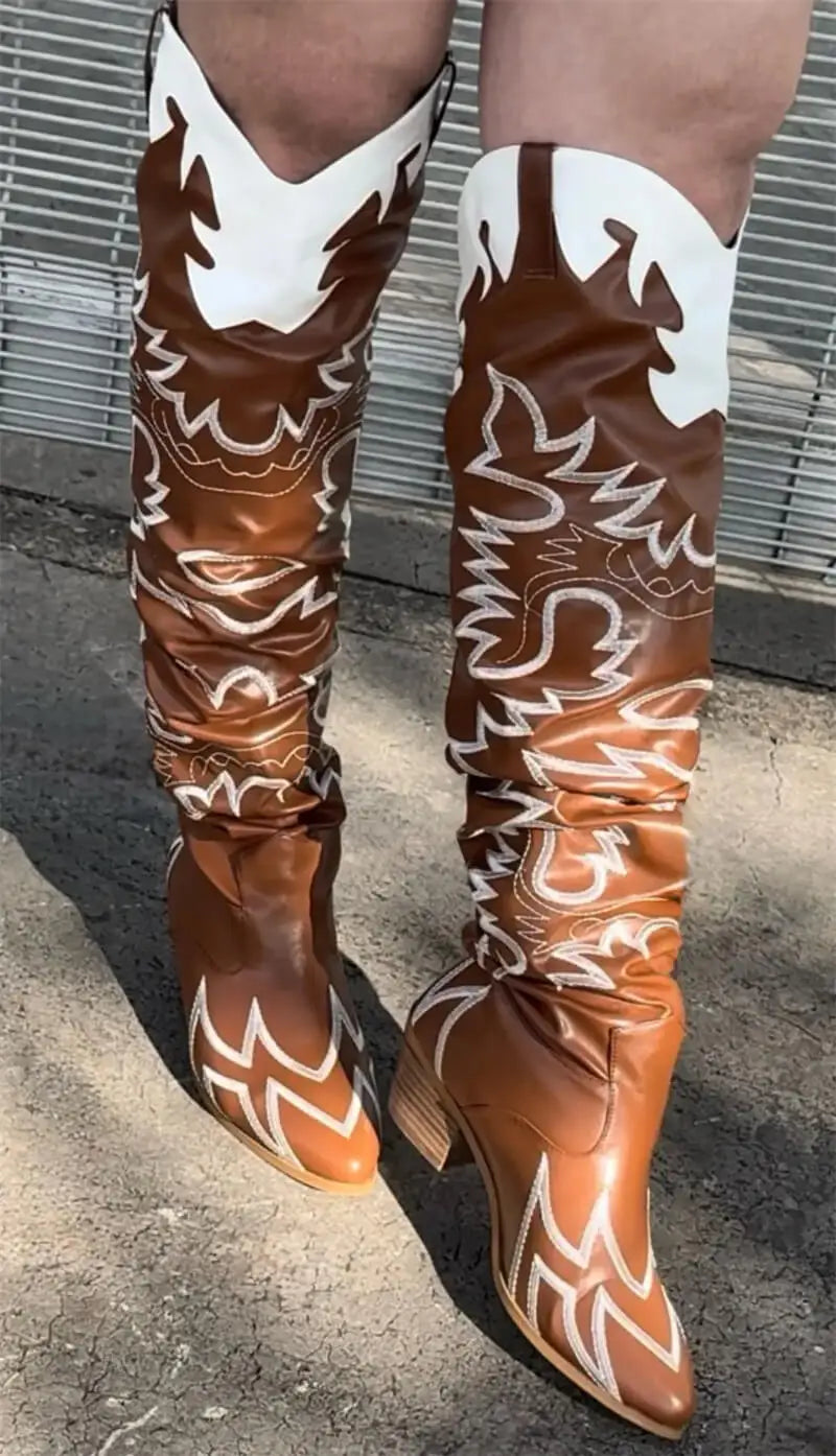 Flame Stitch Knee-High Cowboy Boots