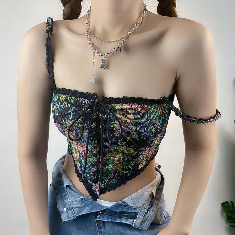 Boho Floral Lace-Up Corset Crop Top – Adjustable Fit
