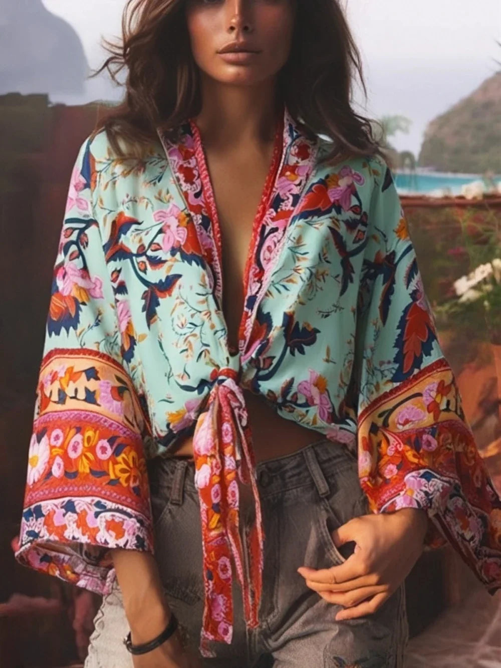 Boho Tie-Front Floral Kimono – Lightweight Rayon Beach Cover-Up