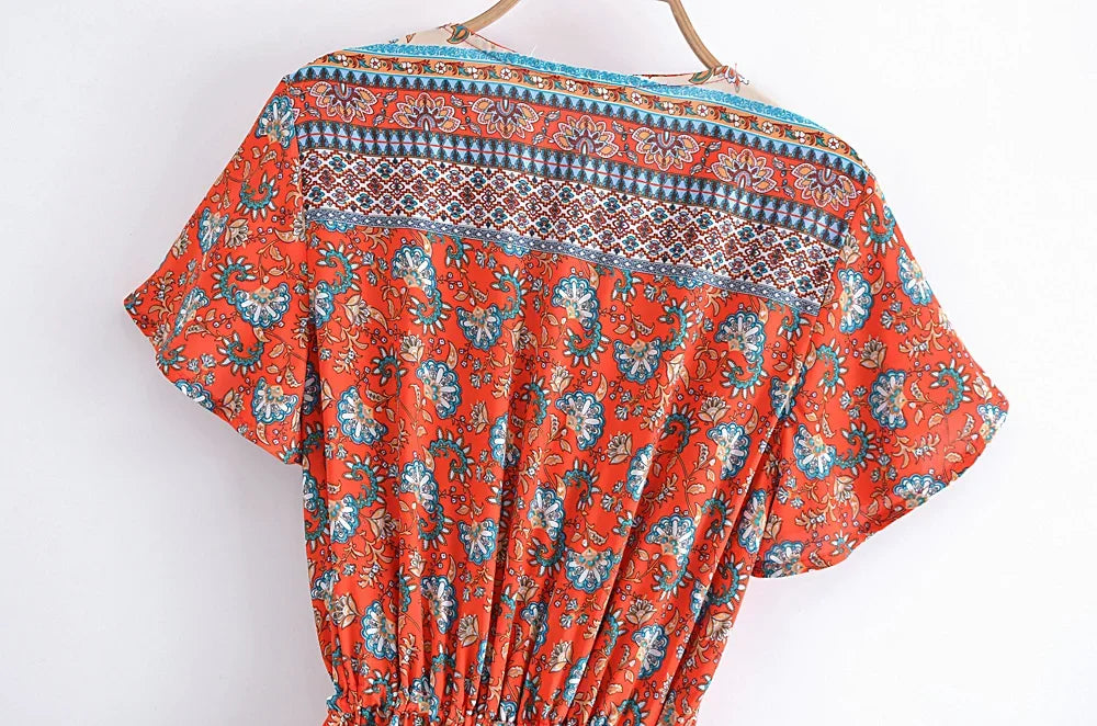 Boho Red Floral Maxi Dress – Cotton & Rayon Blend