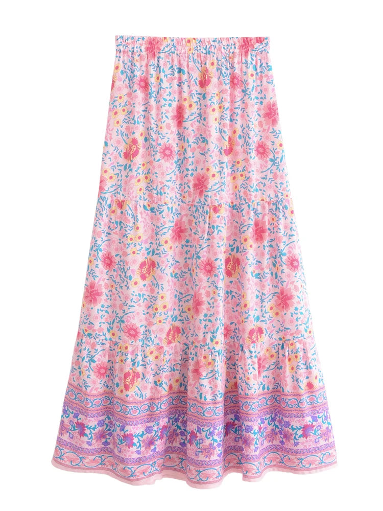 Blush Meadow Floral Boho Maxi Skirt