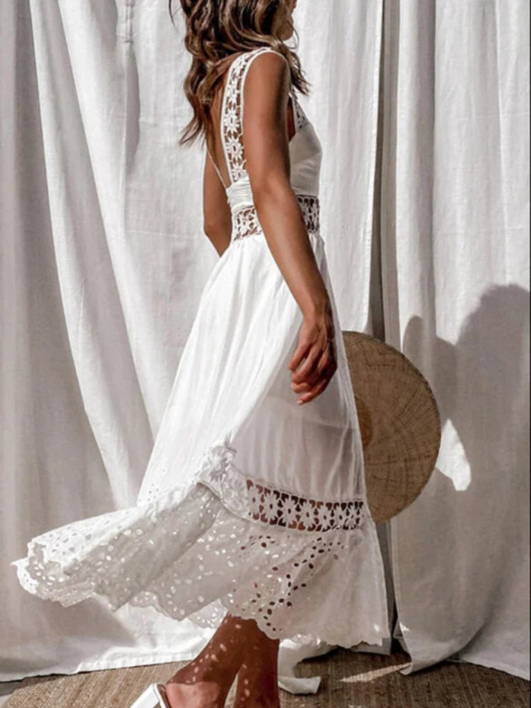 Boho White Lace Panel Midi Dress – Sleeveless Cotton Blend