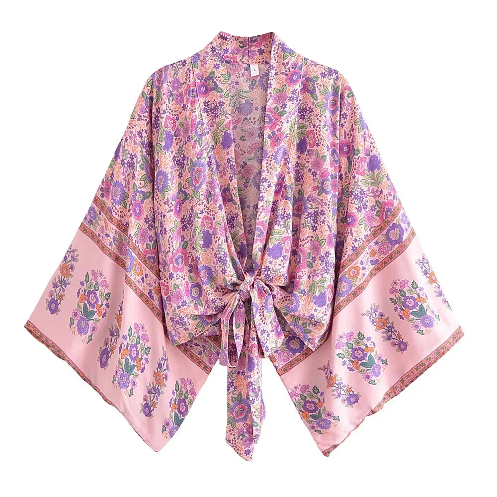 Boho Tie-Front Floral Kimono – Lightweight Rayon Beach Cover-Up