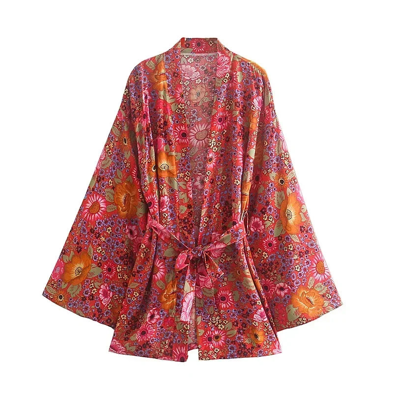 Boho Floral Belted Mini Dress – Long Sleeve Rayon Statement Look