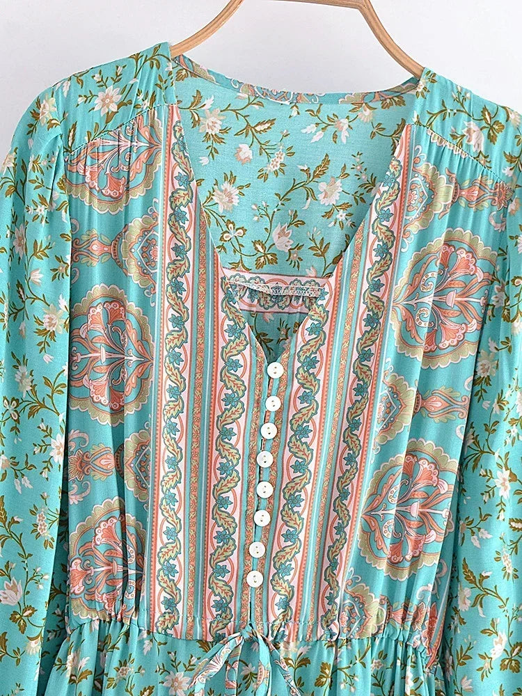 Boho Teal Floral Maxi Dress