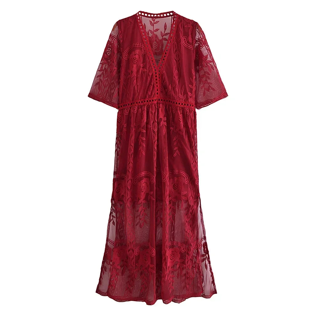 Scarlet Muse: Boho Lace Maxi Dress with Thigh-High Slit