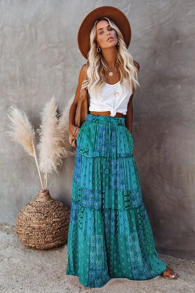Kaleidoscope Dream: Boho Patchwork Print Maxi Skirt