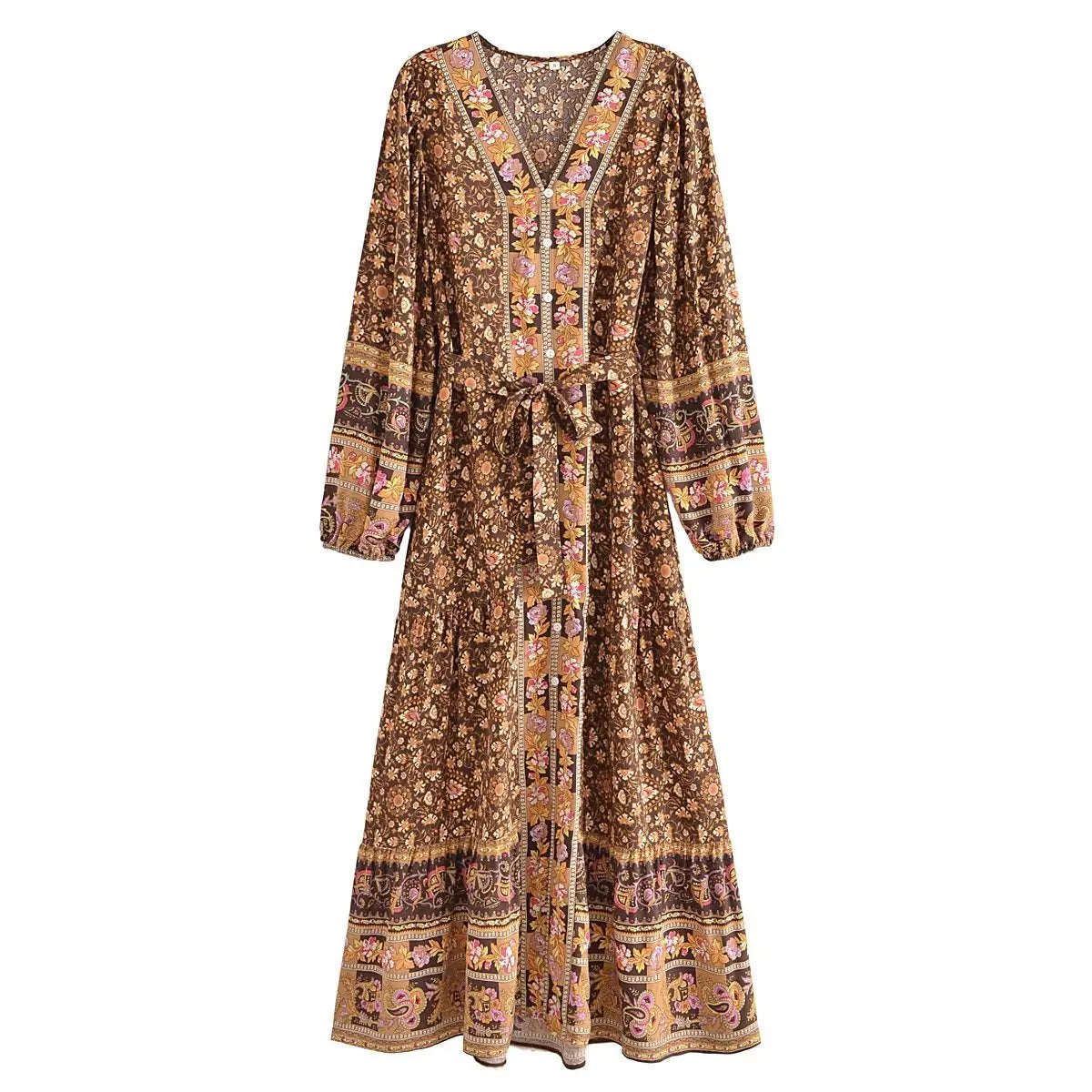 🌿 Boho Button-Up Floral Maxi Dress – Green, Red, or Brown