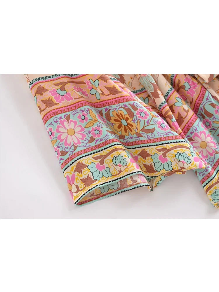 Vintage Peacock Floral Kimono – Boho Short Robe with Sash & Batwing Sleeves