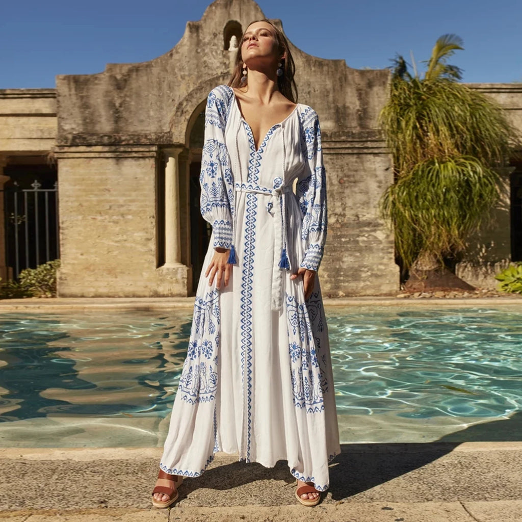 🌿 Boho Goddess Embroidered Maxi Robe