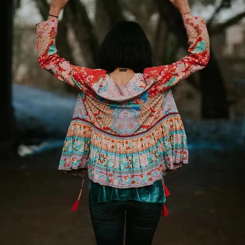 Boho Patchwork Print Long Sleeve Blouse – Colorful Freedom in Every Thread