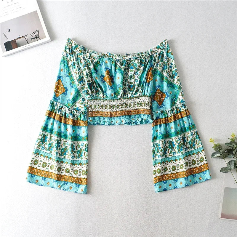 Oasis Bloom Boho Two-Piece Set - Crop Top & Wide-Leg Pants