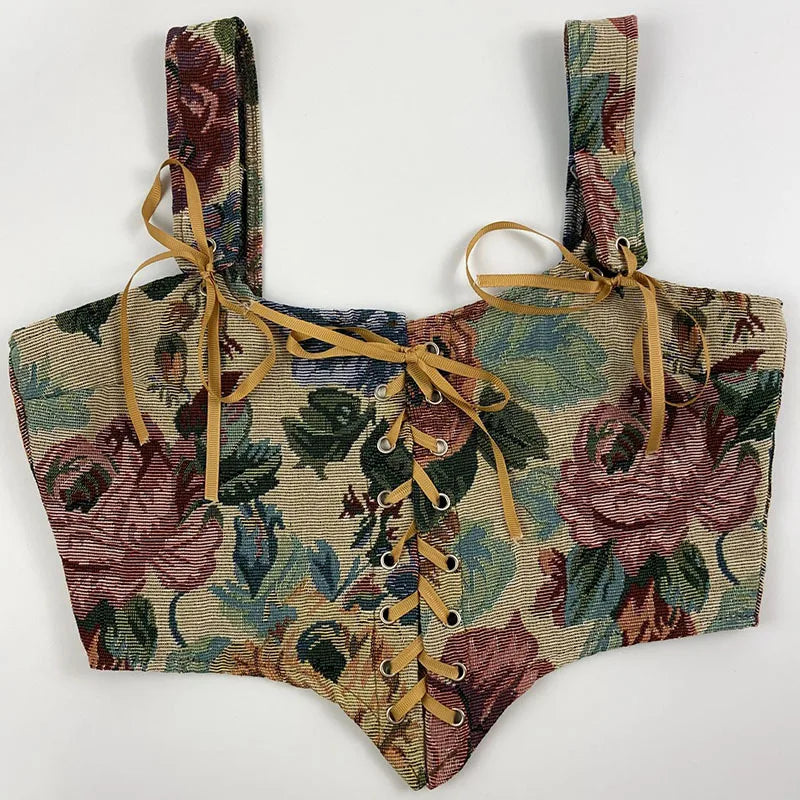 Floral Tapestry Lace-Up Corset Top – Boho Vintage Bustier