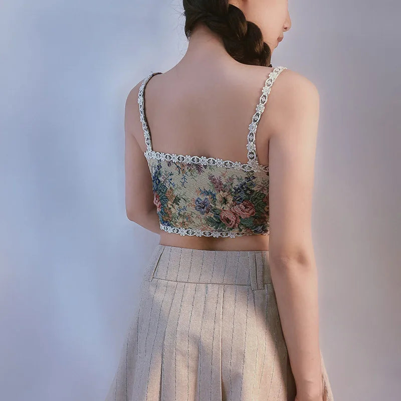 Boho Floral Lace-Up Corset Crop Top – Adjustable Fit