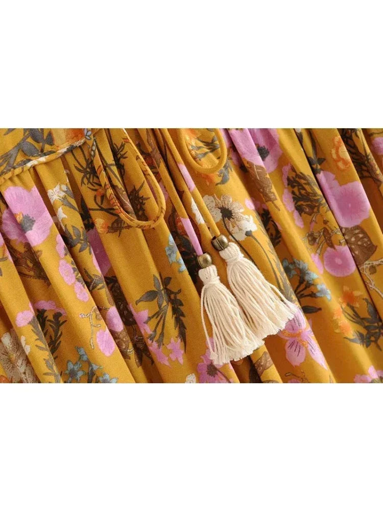 Boho Floral Ruffle Maxi Dress – Lantern Sleeve Cotton-Rayon Blend
