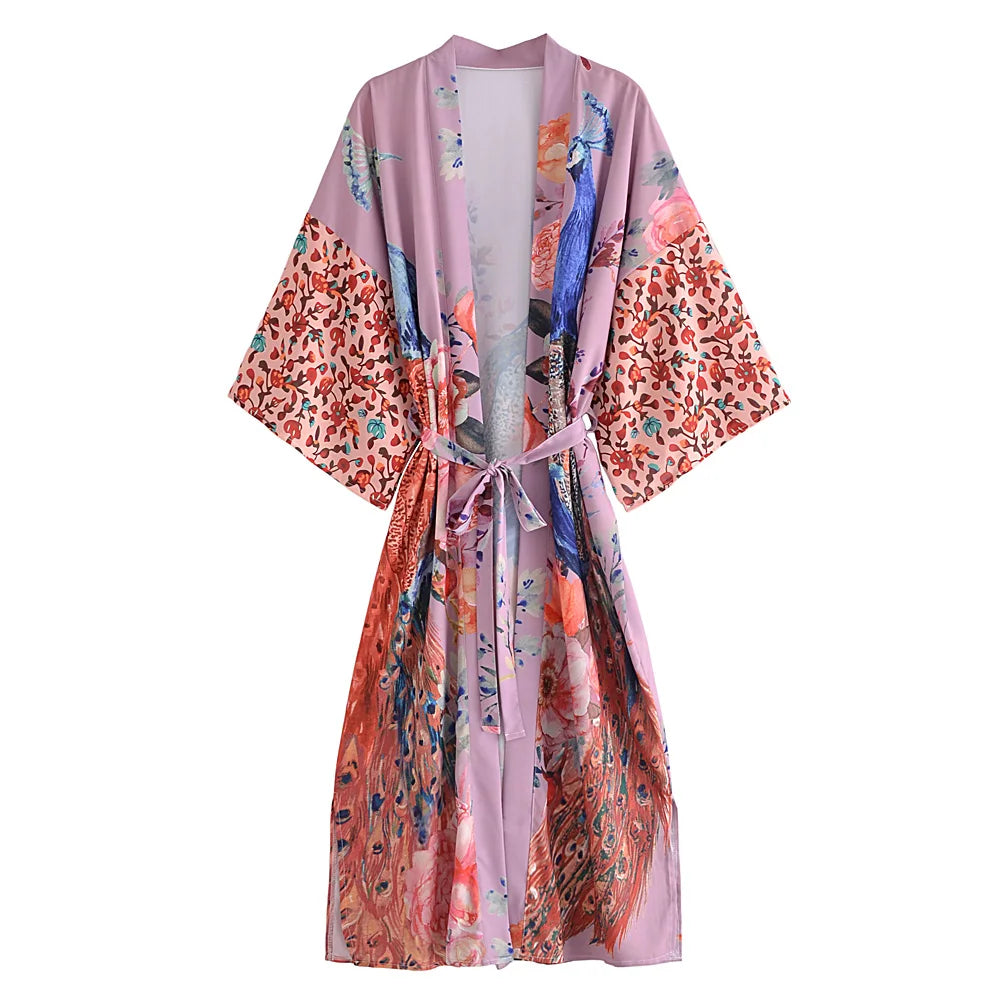 Boho Peacock & Floral Print Kimono Robe – One Size